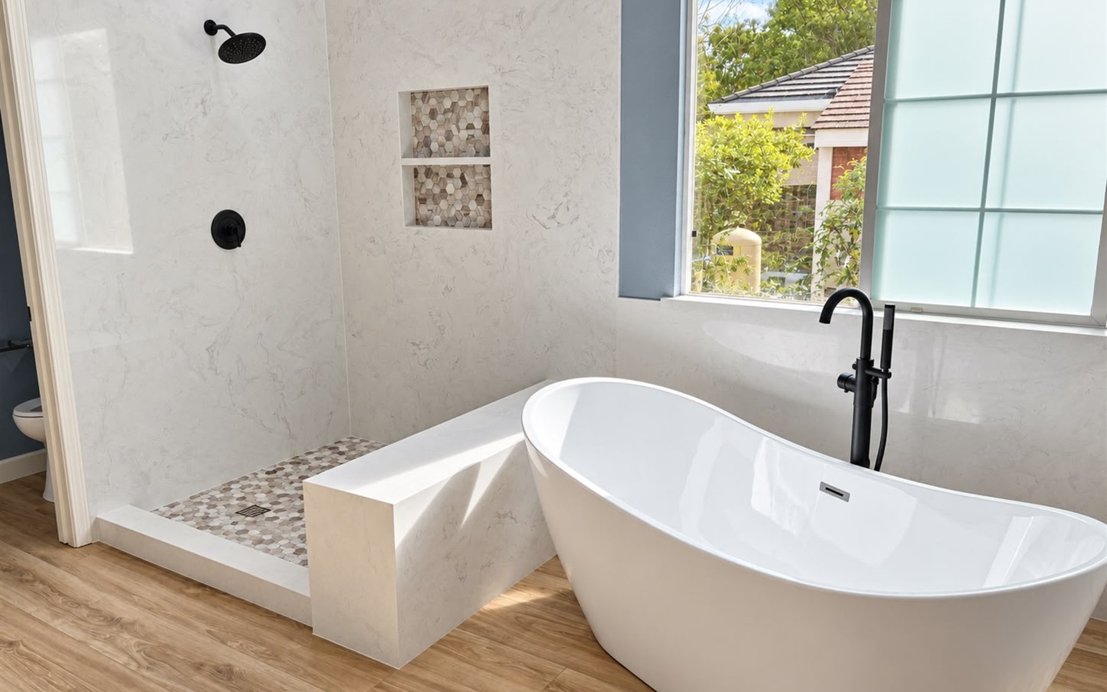 Finished luxury bathroom remodel completed by Prime Time Plumbing