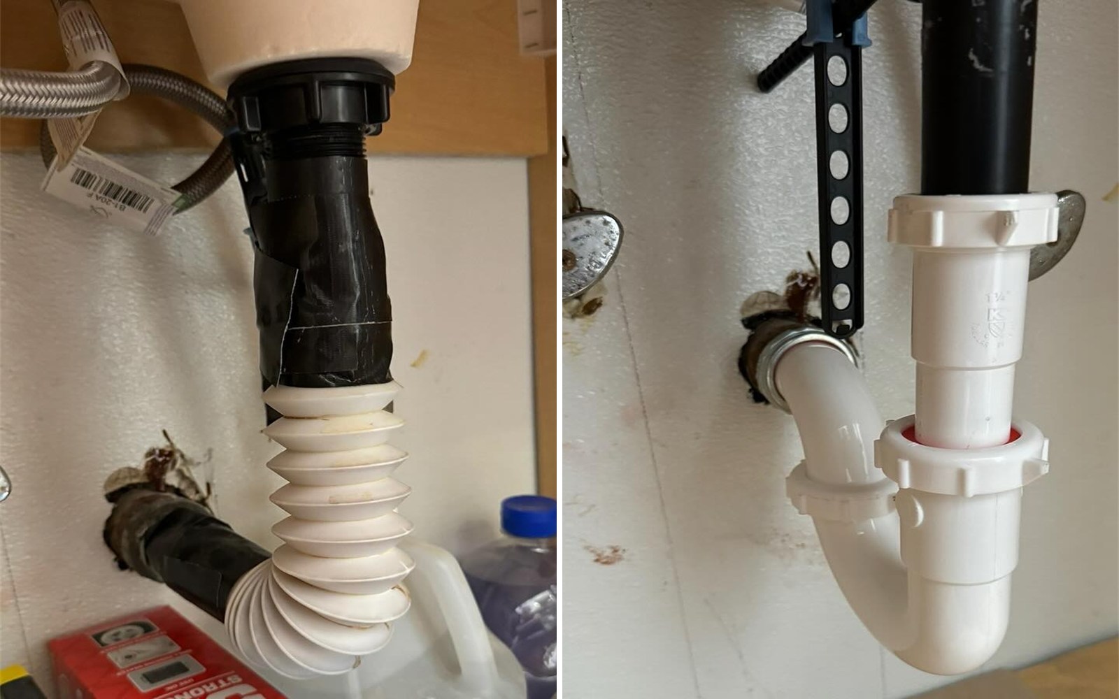 Before and after under-sink P-trap drain repair