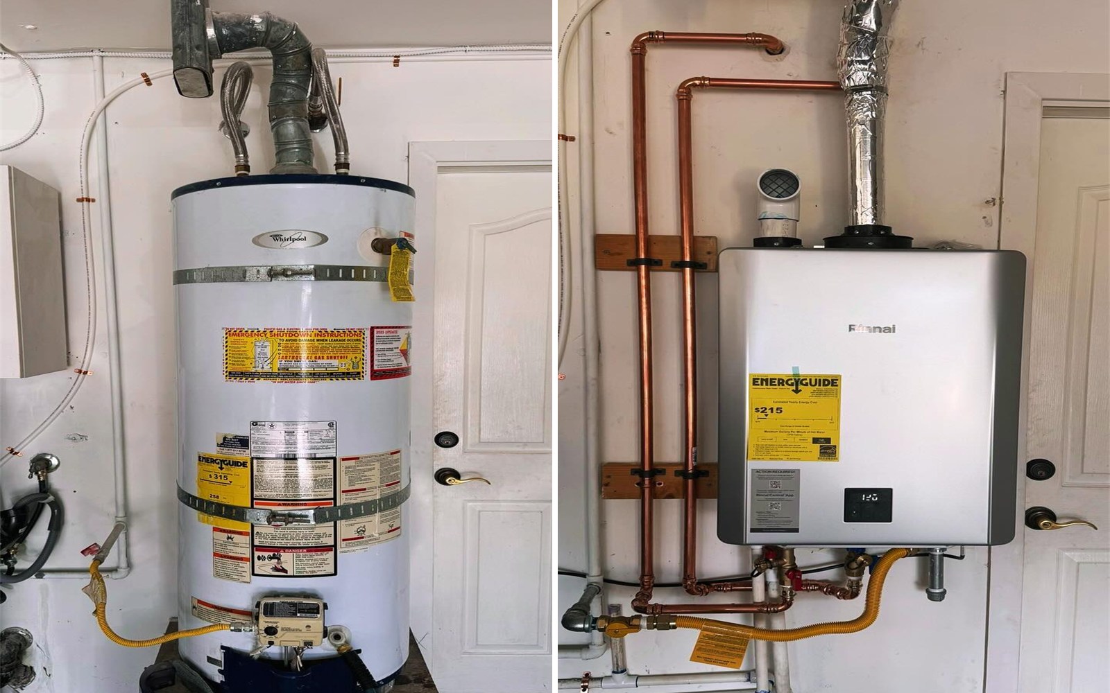Before and after Rinnai tankless water heater conversion